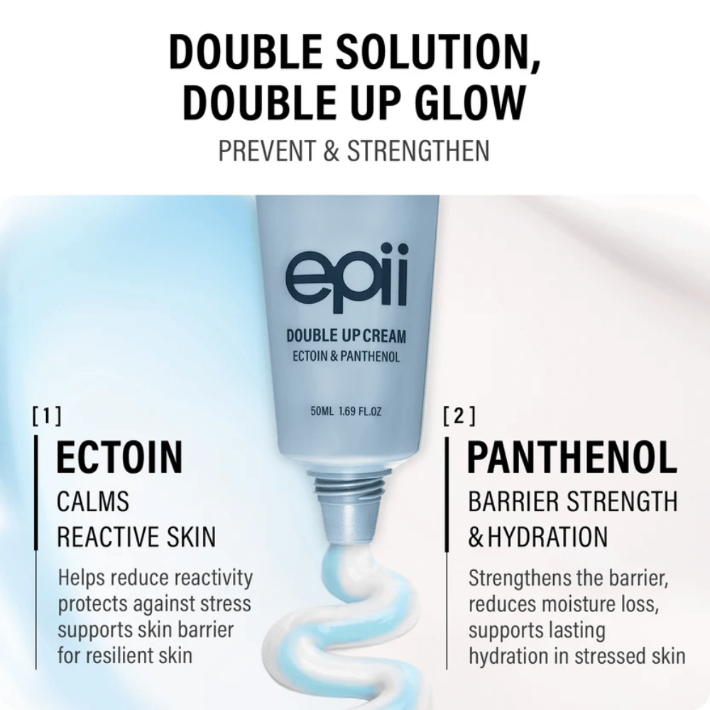 EPII Double Up Cream con ectoina e pantenolo – crema viso idratante che lenisce la pelle, rafforza la barriera cutanea e dona un'idratazione a lunga durata.