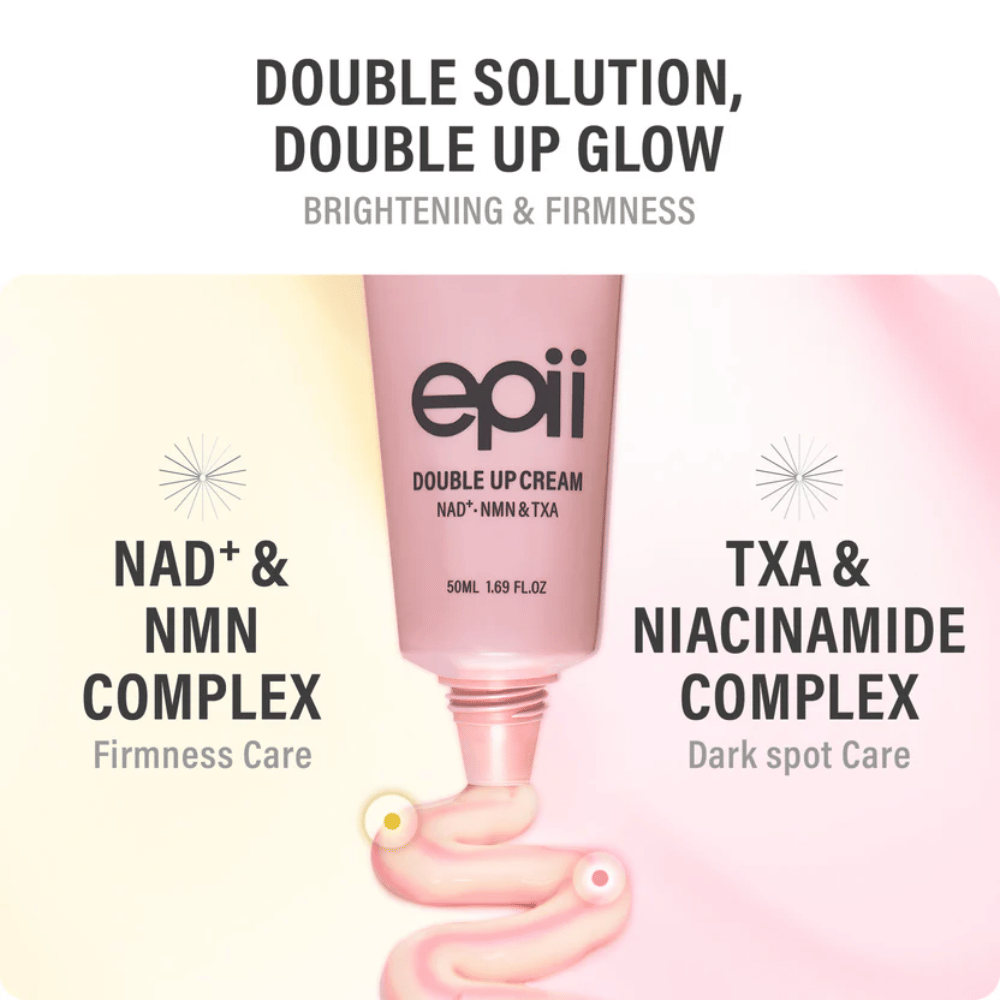 EPII Double Up Cream NAD+, NMN & TXA – crema viso con niacinamide e acido tranexamico per un tono della pelle uniforme, compattezza e idratazione.