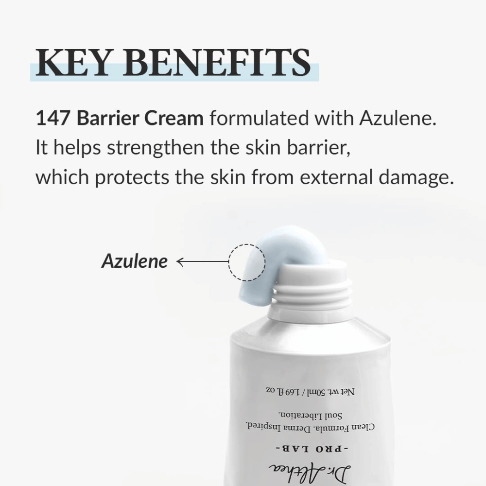 Dr. Althea 147 Barrier Cream con Azulene, una crema idratante che rafforza la barriera cutanea e protegge la pelle dai danni esterni.