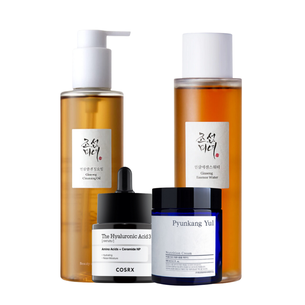 Prodotti di bellezza tra cui olio detergente al ginseng, acqua di ginseng essence, siero all'acido ialuronico COSRX e crema nutriente Pyunkang Yul.