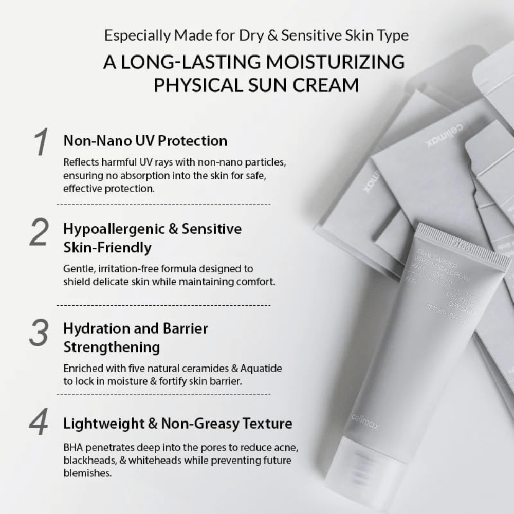 Celimax Dual Barrier Watery Sun Cream SPF50+ PA++++ con filtro UV fisico, cinque ceramidi e Aquatide che idratano e rafforzano la barriera cutanea.