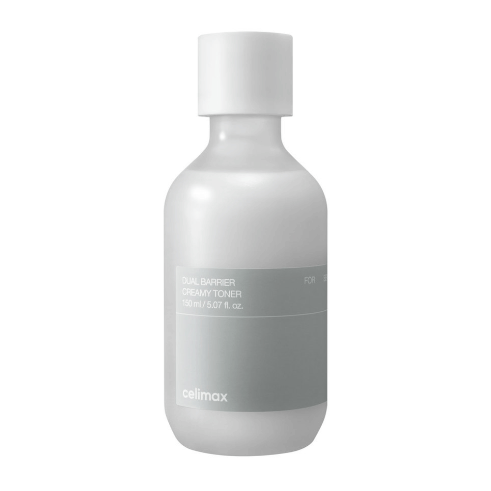 Bottiglia bianca con etichetta grigia per Celimax Dual Barrier Creamy Toner – una tonico idratante con formula delicata, appositamente progettata per pelle sensibile e secca.