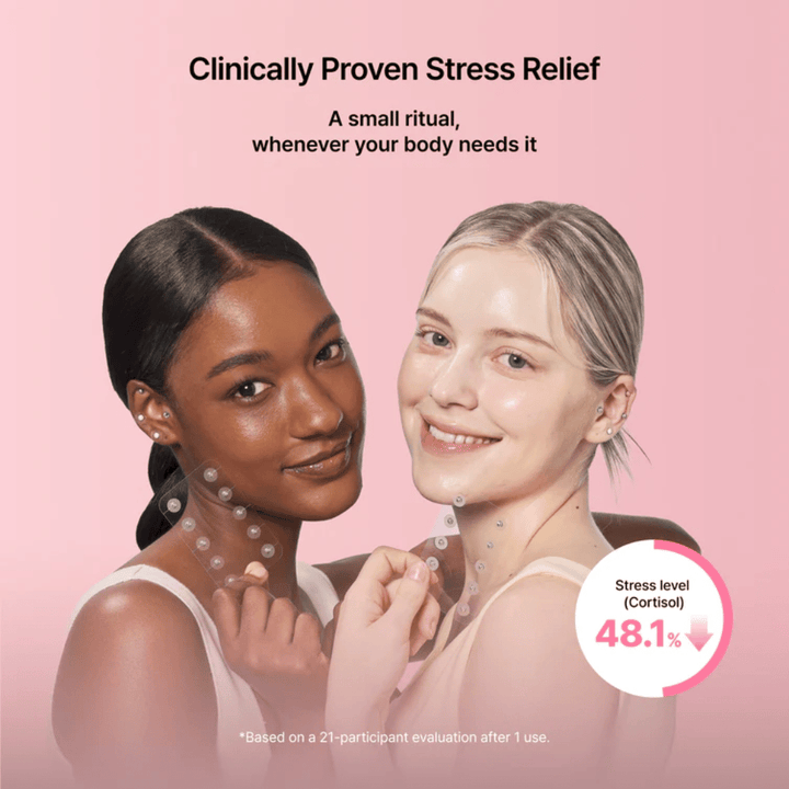 Due modelle mostrano l'uso di RETURNITY Ear Therapy Acupressure Patch. L'immagine evidenzia risultati valutati clinicamente legati alla riduzione dello stress e al benessere.