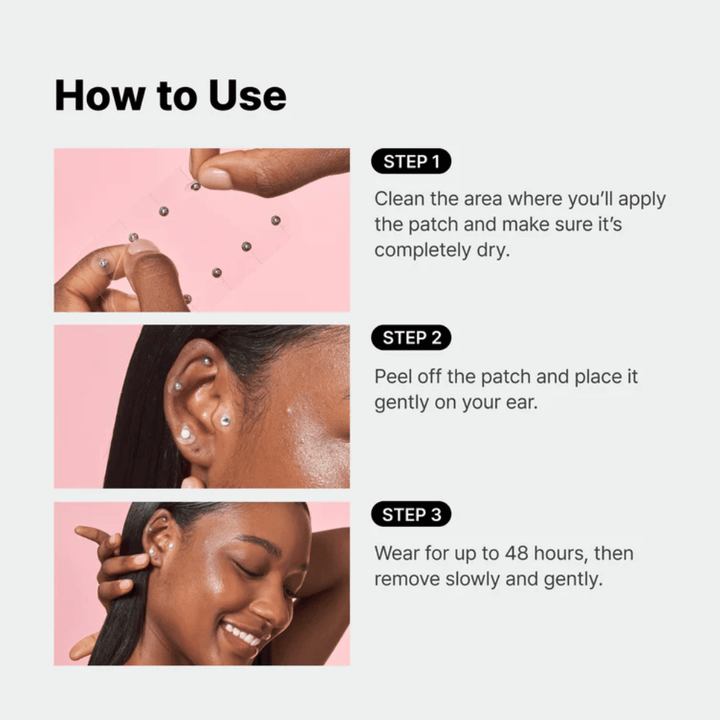 Guida passo dopo passo che mostra come RETURNITY Ear Therapy Acupressure Patch viene applicato sull'orecchio. I cerotti vengono posizionati su punti selezionati e possono essere indossati fino a 48 ore.