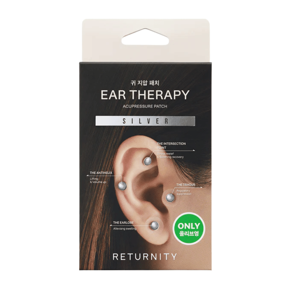 Confezione di RETURNITY Ear Therapy Acupressure Patch Silver con patch auricolari color argento e punti di agopressione evidenziati sull'orecchio.