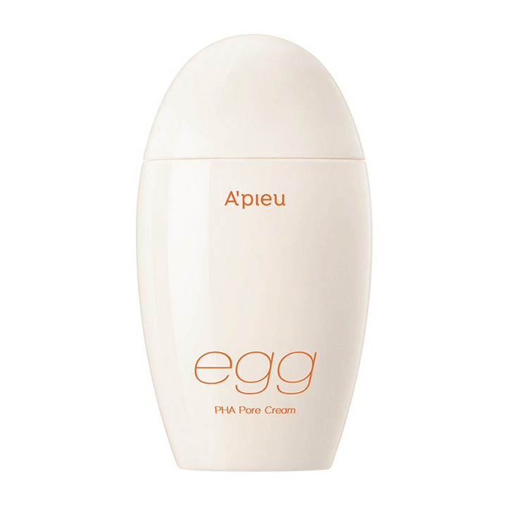 A’pieu Egg PHA Pore Cream i äggformad, beige förpackning med orange text – en koreansk ansiktskräm för porförminskning och skonsam exfoliering.
