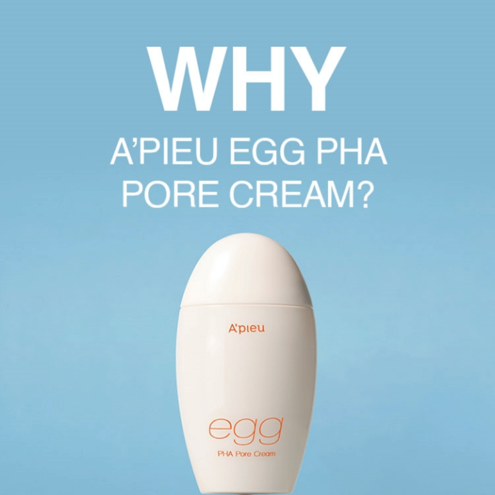 A’pieu Egg PHA Pore Cream in confezione a forma di uovo su sfondo blu con il testo "PERCHÉ A’PIEU EGG PHA PORE CREAM?", che evidenzia i benefici del prodotto.