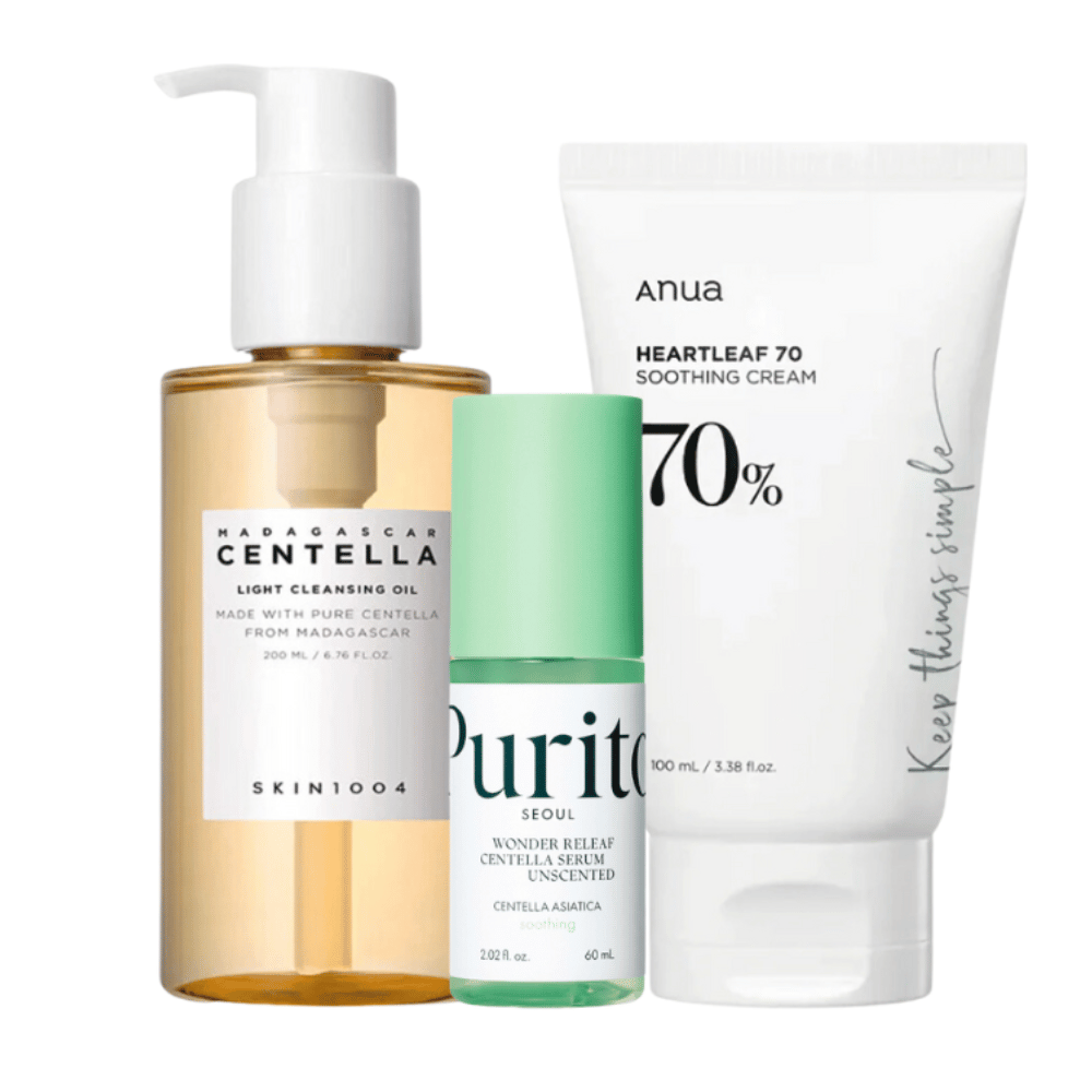 Questo kit per la cura della pelle contiene tre passaggi per una pelle radiosa: SKIN1004 Madagascar Centella Light Cleansing Oil per una pulizia delicata, Purito Wonder Relief Centella Serum per idratazione e Anua Heartleaf 70 Soothing Cream per un trattamento lenitivo. Perfetto per l'uso quotidiano.