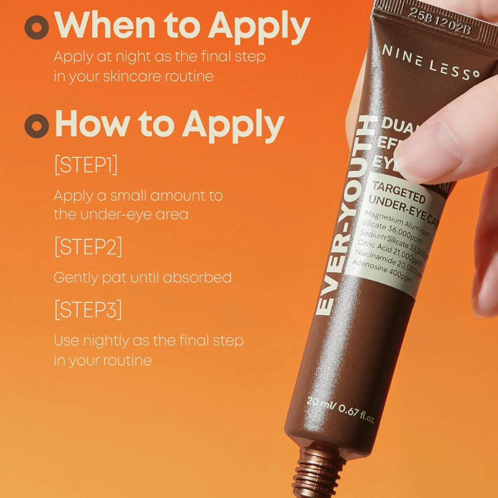 NINE LESS Ever-Youth Dual Effect Eye Cream – applicazione di contorno occhi  come ultimo passaggio della routine serale