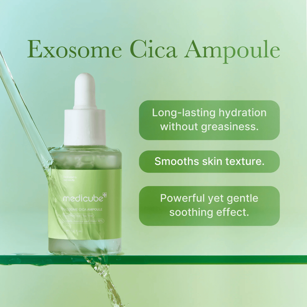 Medicube Exosome Cica Ampoule con flusso d'acqua verde, evidenziato per un'idratazione duratura, un tono della pelle uniforme e un effetto lenitivo potente ma delicato.