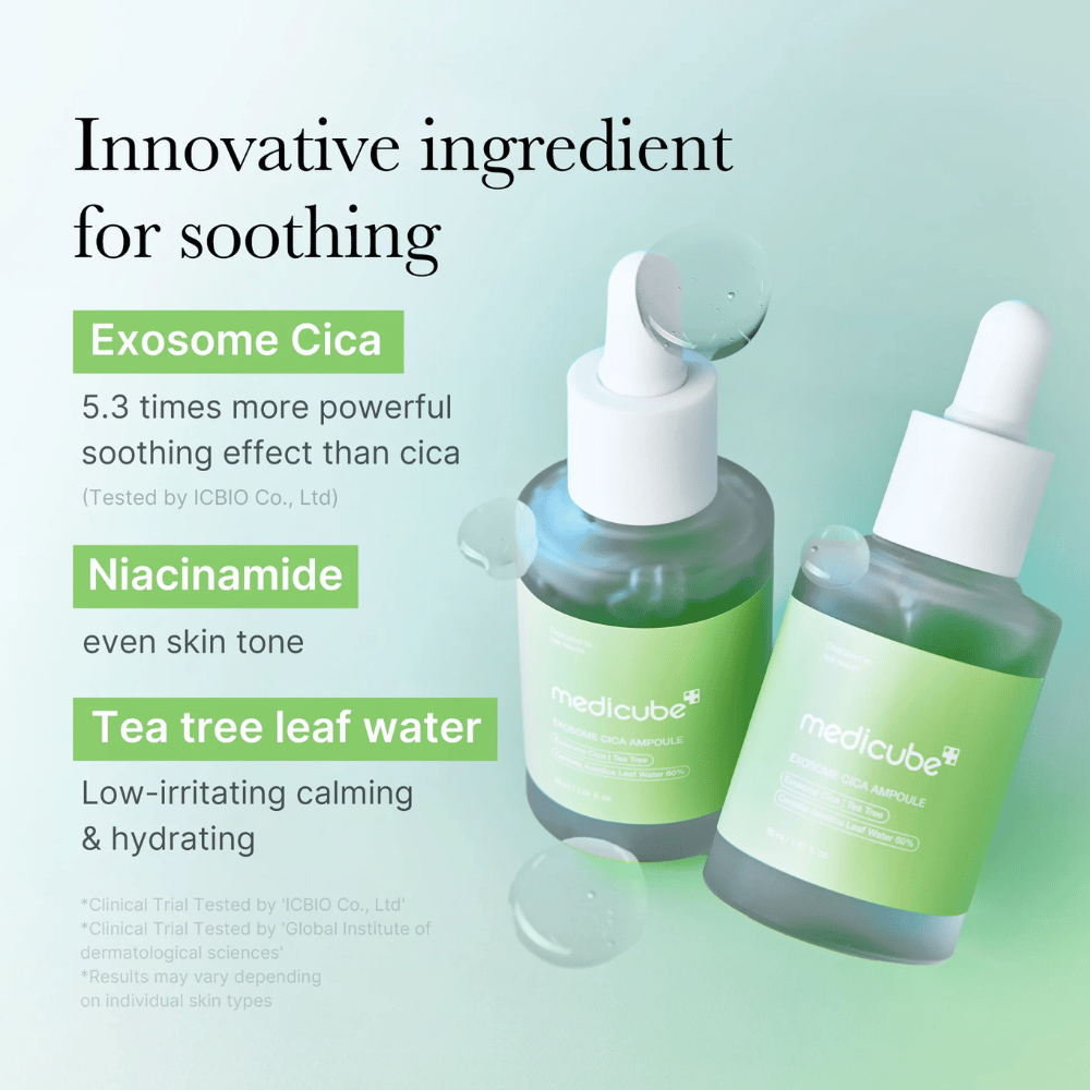 Due bottiglie di Medicube Exosome Cica Ampoule, formulato con Exosome Cica, niacinamide e tea tree leaf water per effetto lenitivo.