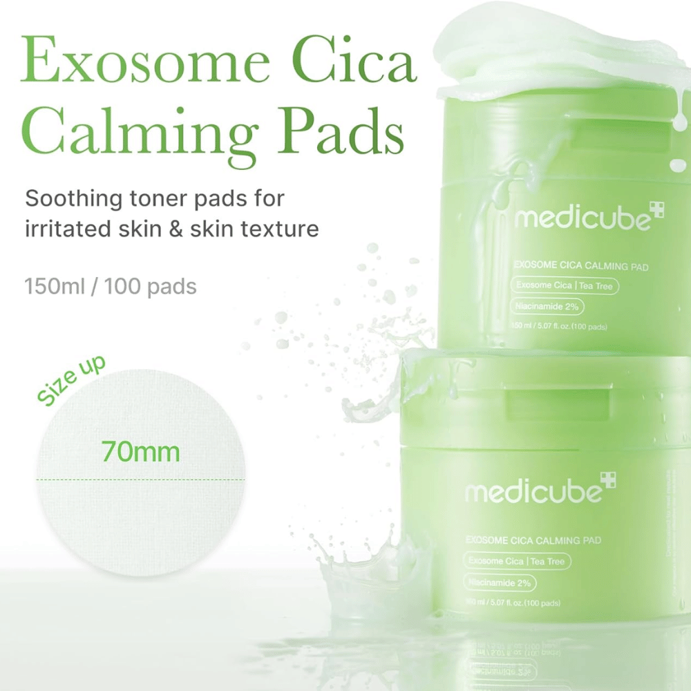 Medicube Exosome Cica Calming Pads in barattolo verde, tonico lenitivo pads con niacinamide e tea tree per pelle irritata, 150 ml/100 pads.
