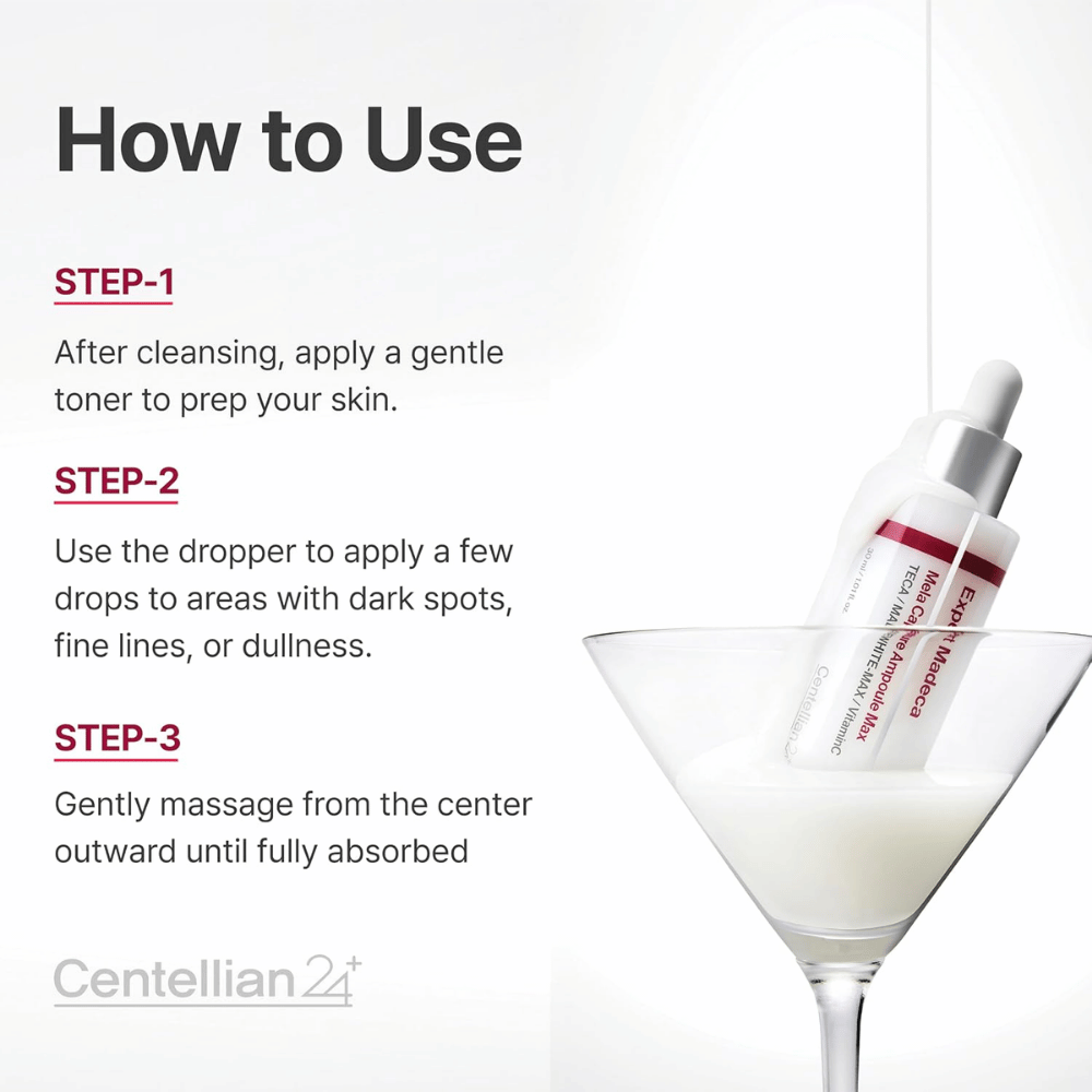 Centellian24 Expert Madeca Mela Capture Ampoule Max – applicare alcune gocce sulle aree con macchie pigmentarie, linee sottili o pelle spenta e massaggiare delicatamente.