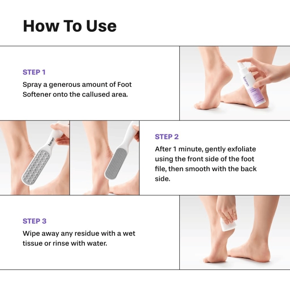 Come usare BAREN Foot Callus Eraser Home Set – applica Foot Softener, lima le callosità e risciacqua i piedi