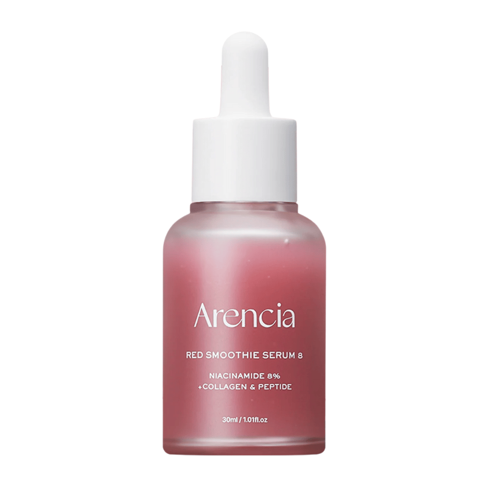 Arencia Red Smoothie Serum 8 in bottiglia di vetro con pipetta, 30 ml. Un siero rosa con niacinamide, collagene e peptidi che rafforzano la barriera cutanea e aumentano l'elasticità.