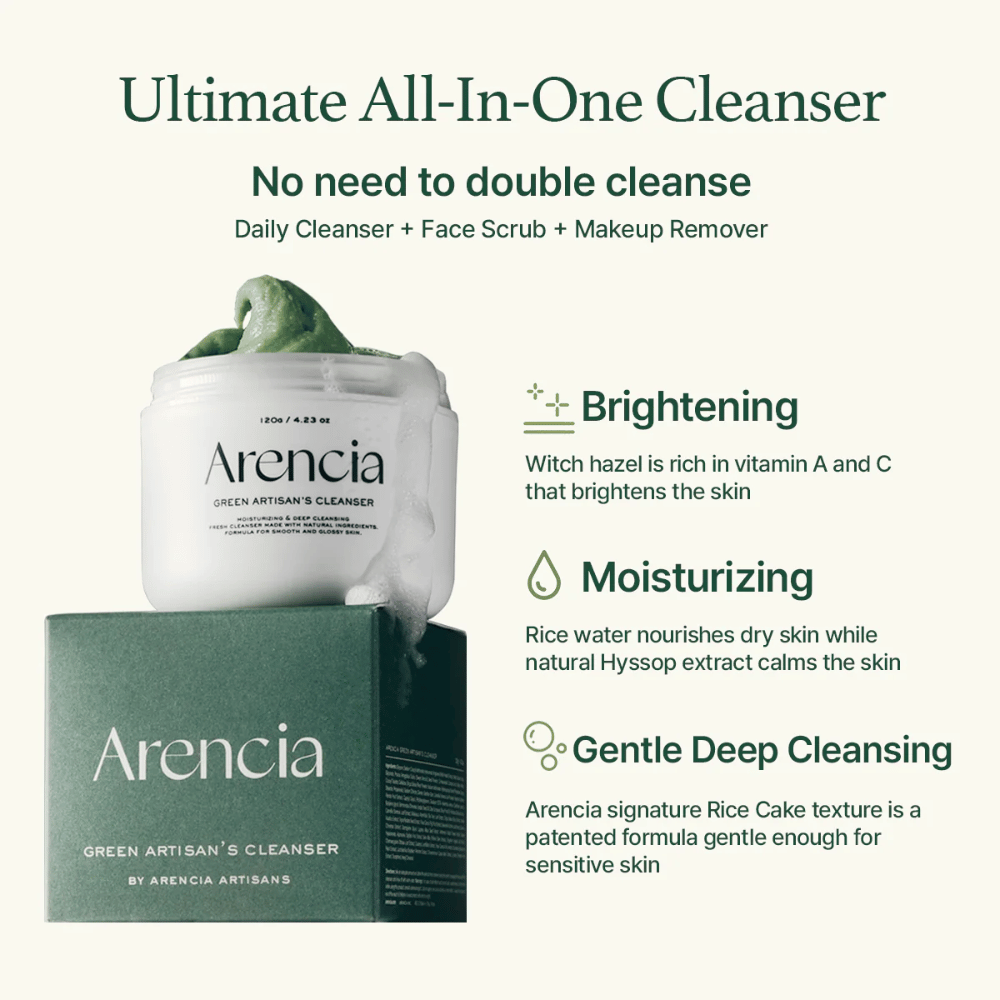 Arencia Green Artisan's Cleanser mostrato con barattolo e scatola. Il testo evidenzia i vantaggi: Illuminante (vitamina A & C), Idratante (acqua di riso & issopo), Detergenza Profonda Delicata con trama di riso brevettata.