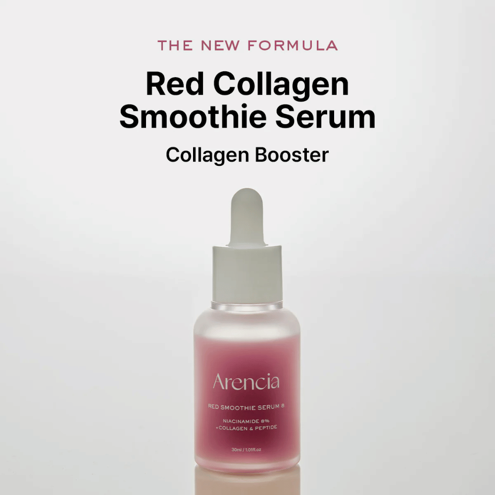 Arencia Red Smoothie Serum 8 è presentato come "Red Collagen Smoothie Serum", un potente booster di collagene con 8% di niacinamide, collagene e peptidi.