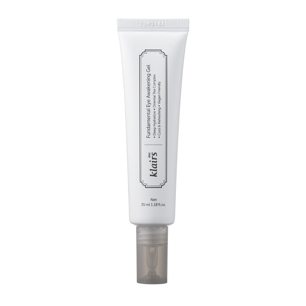Immagine prodotto scontornata di Klairs Fundamental Eye Awakening Gel su sfondo bianco. Il tubo è mostrato frontalmente per presentare chiaramente il nome del prodotto, il formato e il design pulito e minimalista che caratterizza i prodotti Klairs.