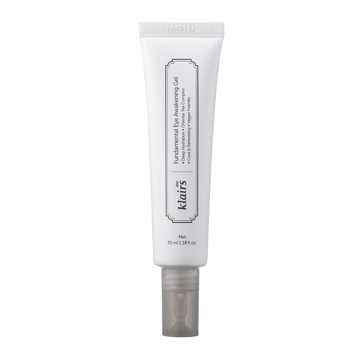 Immagine prodotto scontornata di Klairs Fundamental Eye Awakening Gel su sfondo bianco. Il tubo è mostrato frontalmente per presentare chiaramente il nome del prodotto, il formato e il design pulito e minimalista che caratterizza i prodotti Klairs.