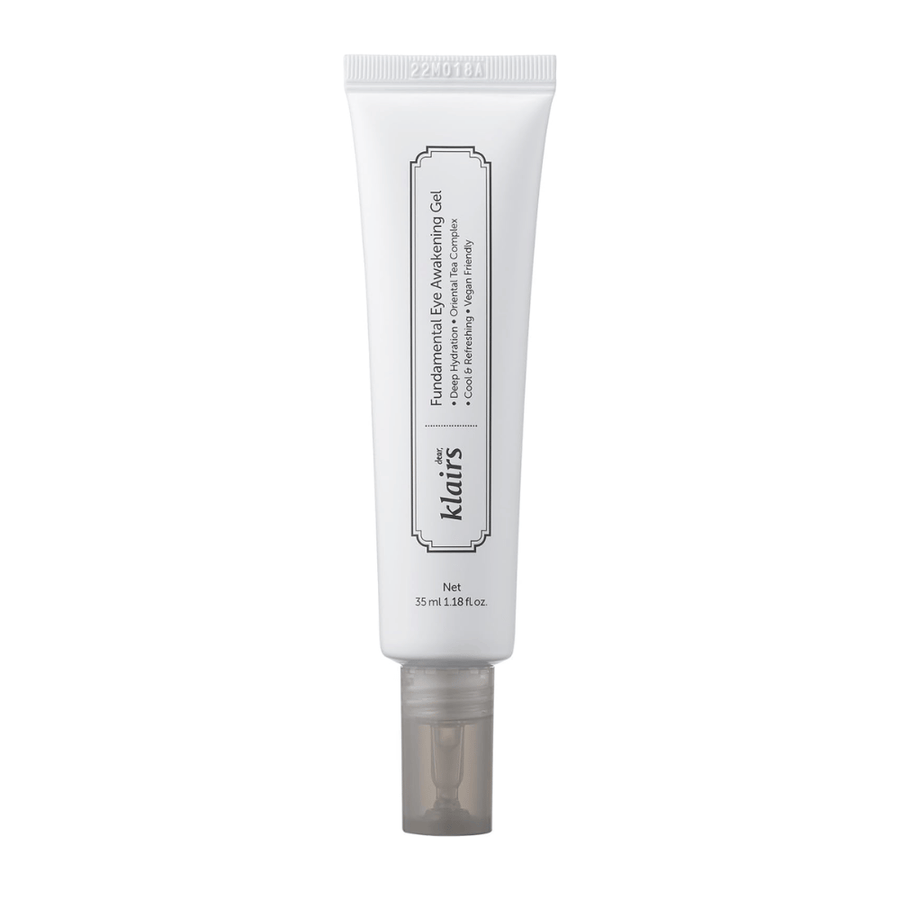 Immagine prodotto scontornata di Klairs Fundamental Eye Awakening Gel su sfondo bianco. Il tubo è mostrato frontalmente per presentare chiaramente il nome del prodotto, il formato e il design pulito e minimalista che caratterizza i prodotti Klairs.