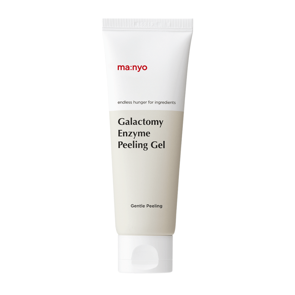 ma:nyo Galactomy Enzyme Peeling Gel, delicato gel esfoliante peeling in tubetto bianco e beige su sfondo bianco.