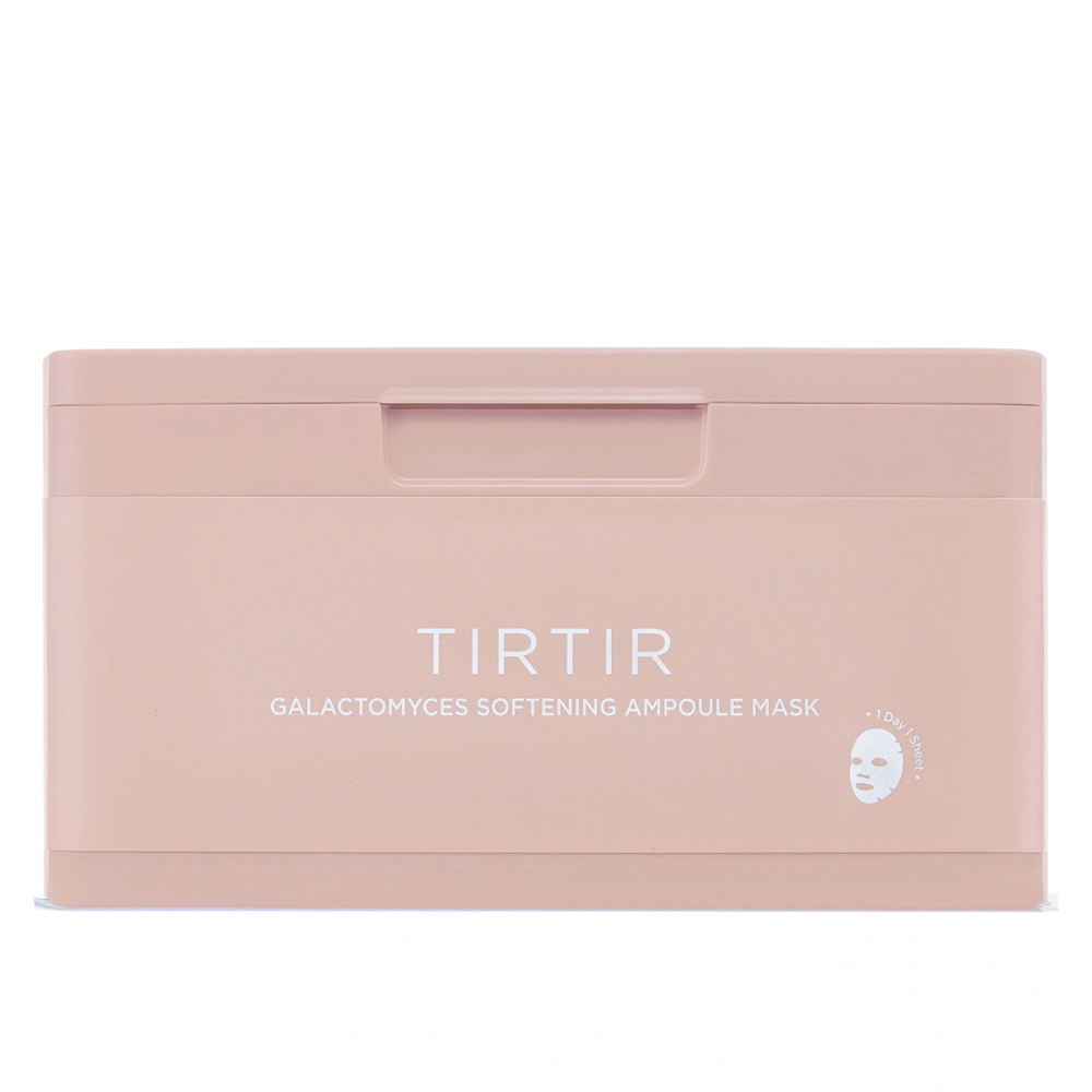 Contenitore rosa con la scritta "TIRTIR GALACTOMYCES SOFTENING AMPOULE MASK" e una piccola icona di un sheet mask, progettato per contenere più maschere per il viso.