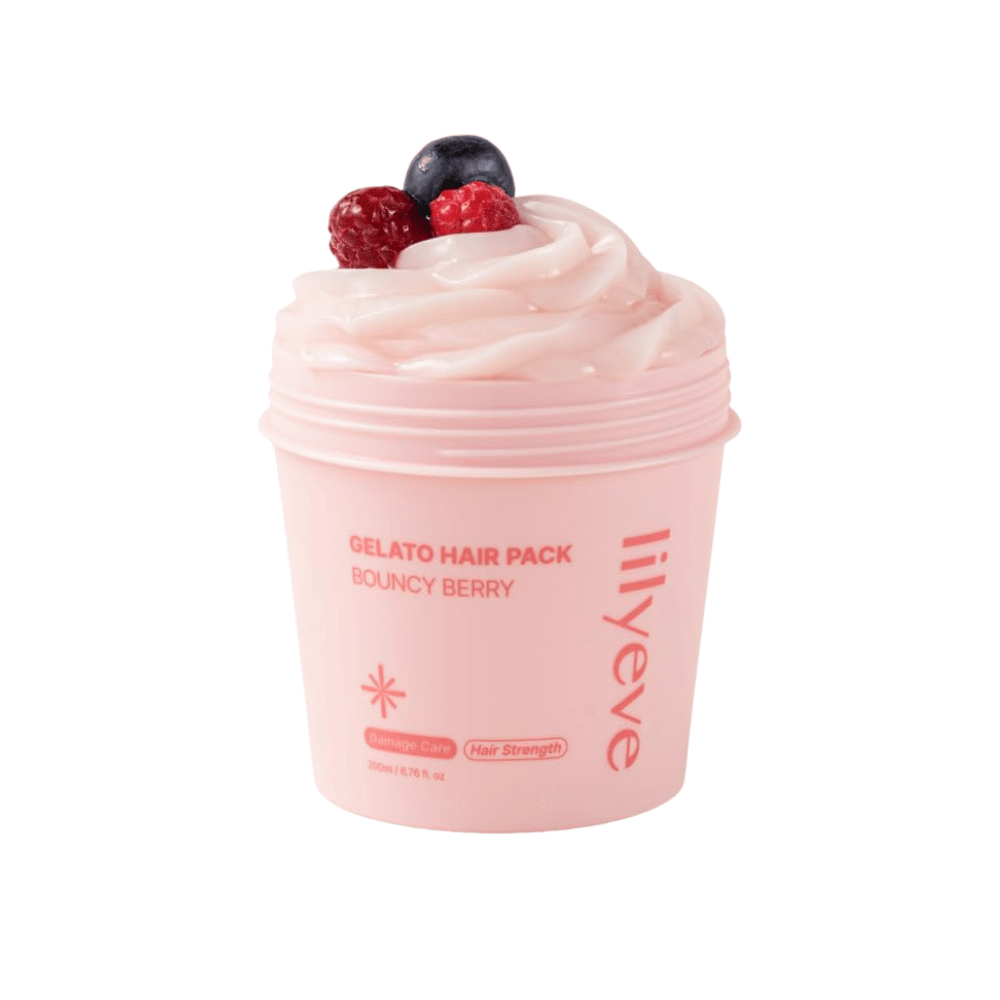 LILYEVE Gelato Hair Pack Bouncy Berry 200 ml – maschera proteica rosa per capelli danneggiati con focus su forza e morbidezza.