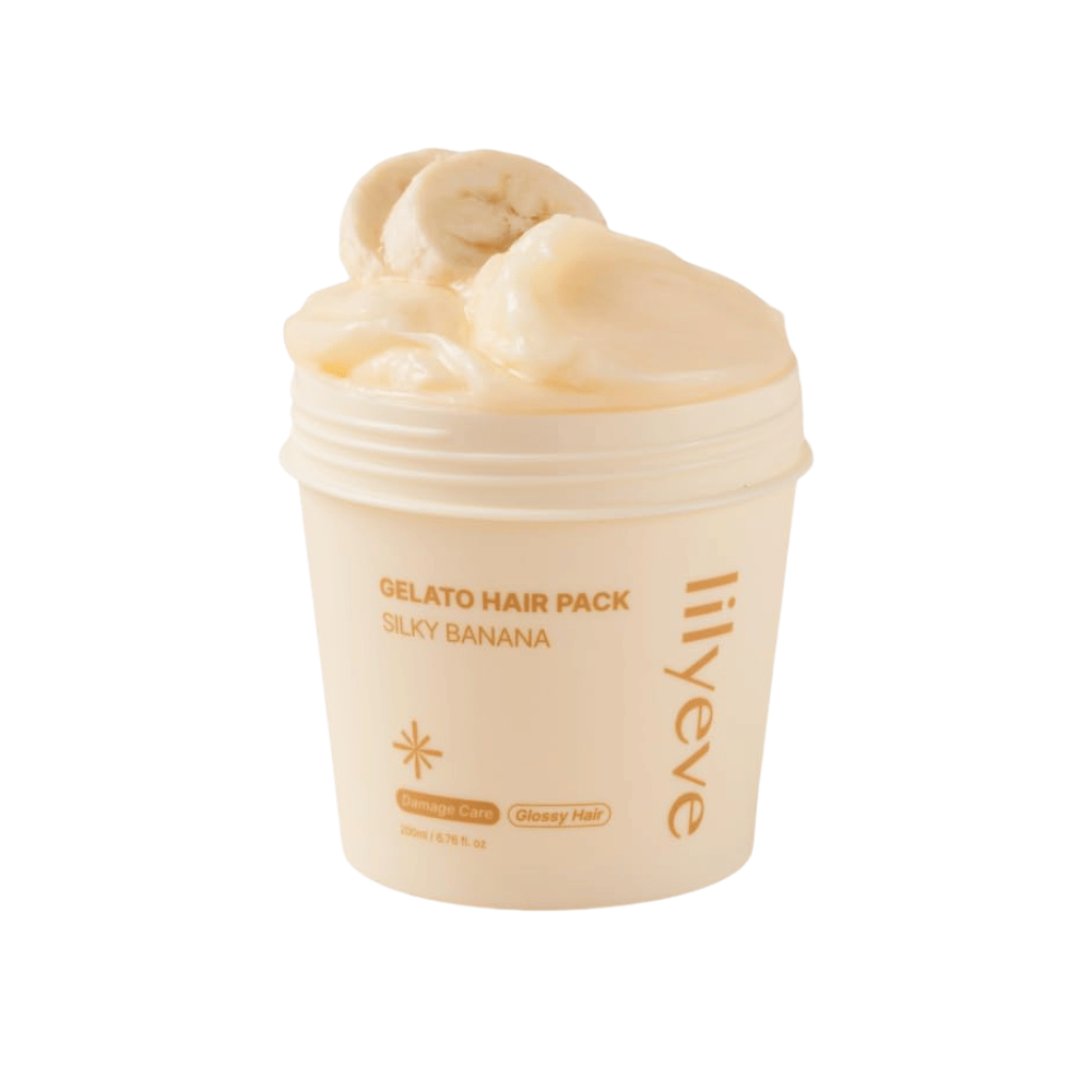 LILYEVE Gelato Hair Pack Silky Banana 200 ml – maschera cremosa per capelli danneggiati con focus su morbidezza e lucentezza.