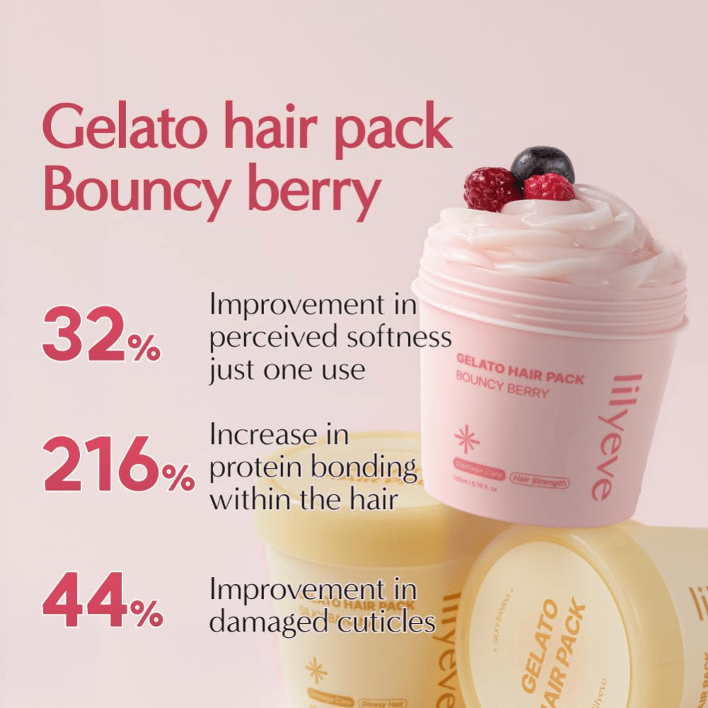 LILYEVE Gelato Hair Pack Bouncy Berry – maschera proteica rinforzante per capelli più morbidi e per la cura delle ciocche danneggiate.