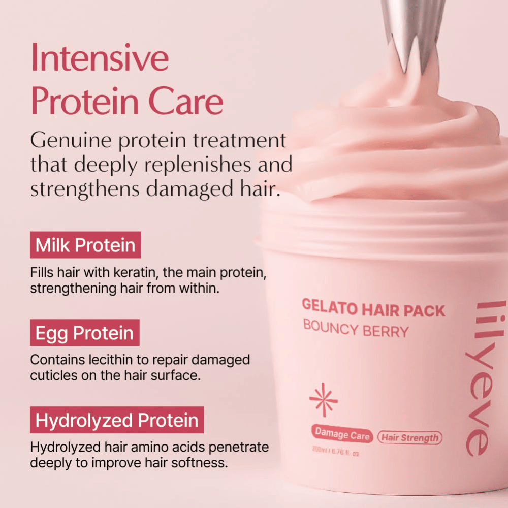 LILYEVE Gelato Hair Pack Bouncy Berry con proteine del latte, proteine dell’uovo e proteine idrolizzate per la cura intensiva dei capelli danneggiati.