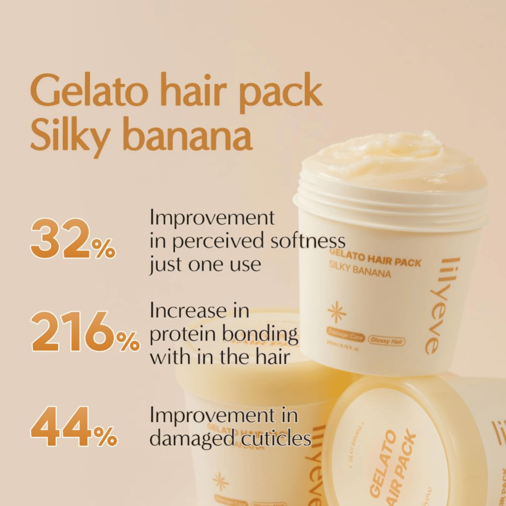 LILYEVE Gelato Hair Pack Silky Banana – maschera per capelli ricca di proteine per capelli più morbidi, lucentezza e cura delle ciocche danneggiate.