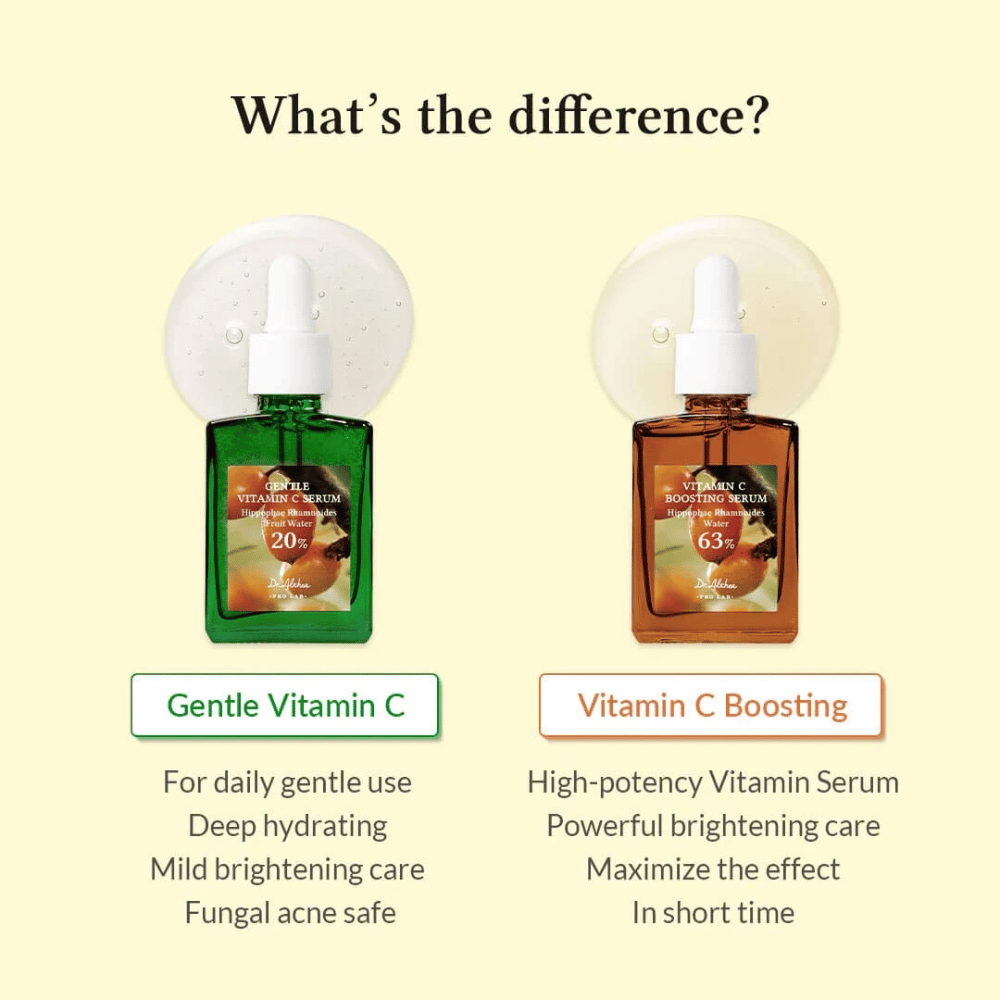 Gentle Vitamin C Serum è perfetto per l'uso quotidiano, idrata profondamente e offre una leggera illuminazione della pelle. Sicuro per la pelle con acne fungina. Vitamin C Boosting Serum ha un'alta concentrazione per un'illuminazione potente e risultati rapidi. Ideale per esigenze intense della pelle.