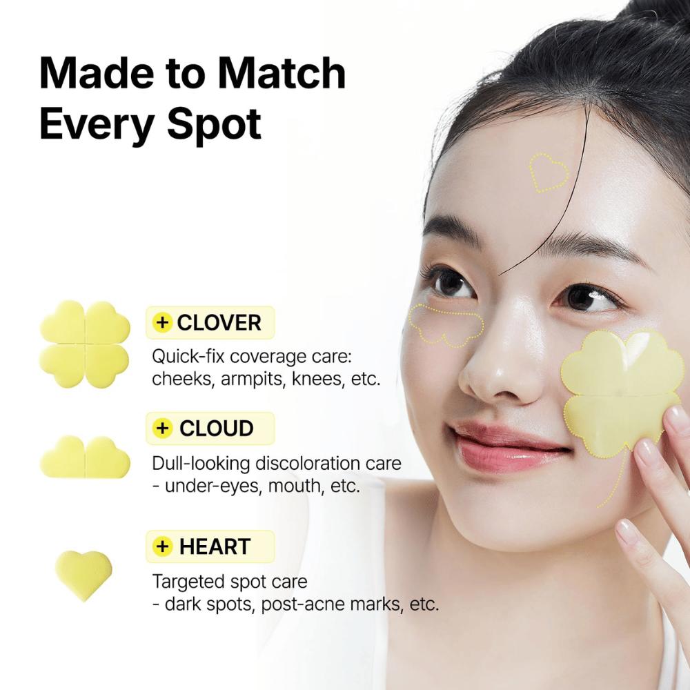 Ma:nyo Glutathione 7 Dark Spot Serum Patch con patch a forma di trifoglio, nuvola e cuore per il trattamento mirato di diverse aree del viso