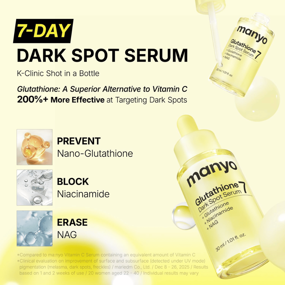 Ma:nyo Glutathione 7 Dark Spot Serum per il trattamento intensivo delle macchie pigmentarie con glutatione, niacinamide e NAG