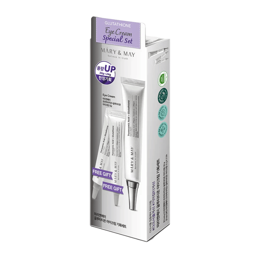 Mary&May Glutathione Eye Cream Special Set con prodotti bonus, un popolare set K-beauty per illuminare intensamente e curare la pelle intorno agli occhi.