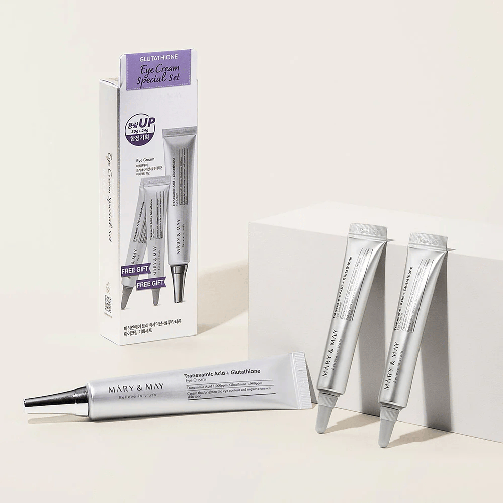 Mary&May Tranexamic Acid + Glutathione Eye Cream Special Set con confezione originale e tubi extra, un set completo per la cura degli occhi illuminante e uniformante.