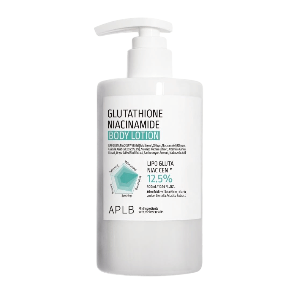 APLB Glutathione Niacinamide Body Lotion immagine del prodotto con flacone a pompa e formula avanzata per idratazione, luminosità e migliore elasticità della pelle