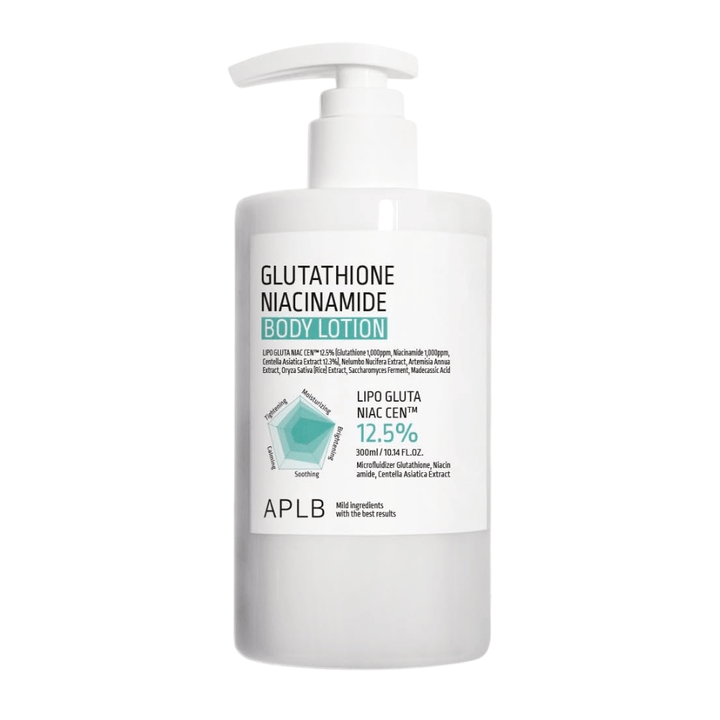 APLB Glutathione Niacinamide Body Lotion immagine del prodotto con flacone a pompa e formula avanzata per idratazione, luminosità e migliore elasticità della pelle