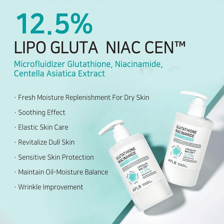 APLB Glutathione Niacinamide Body Lotion 12,5% Lipo Gluta Niac Cent con idratazione, equilibrio della pelle, effetto anti-età e protezione per la pelle sensibile