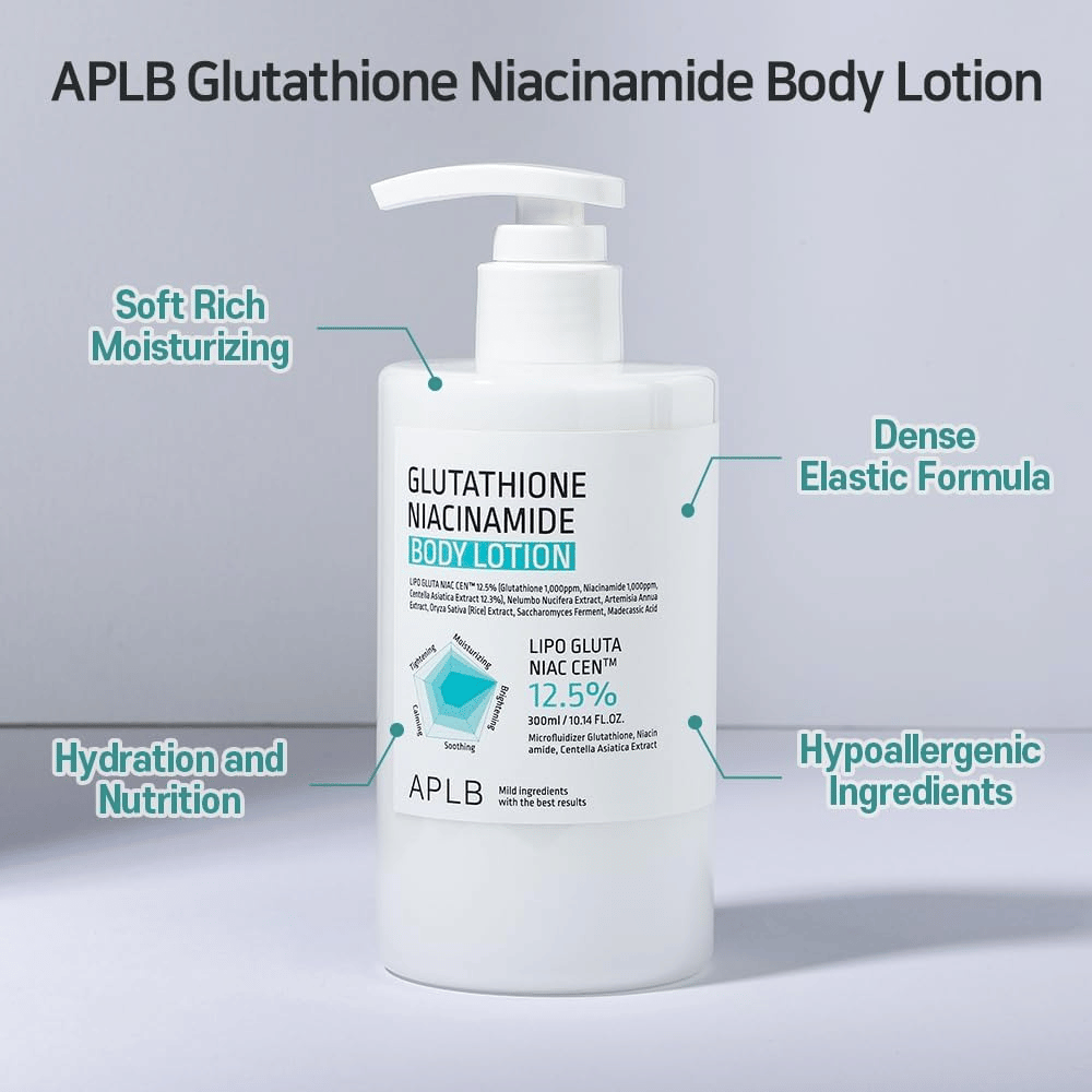 APLB Glutathione Niacinamide Body Lotion flacone a pompa con formula idratante ed elastica e ingredienti ipoallergenici per una cura della pelle morbida e nutriente