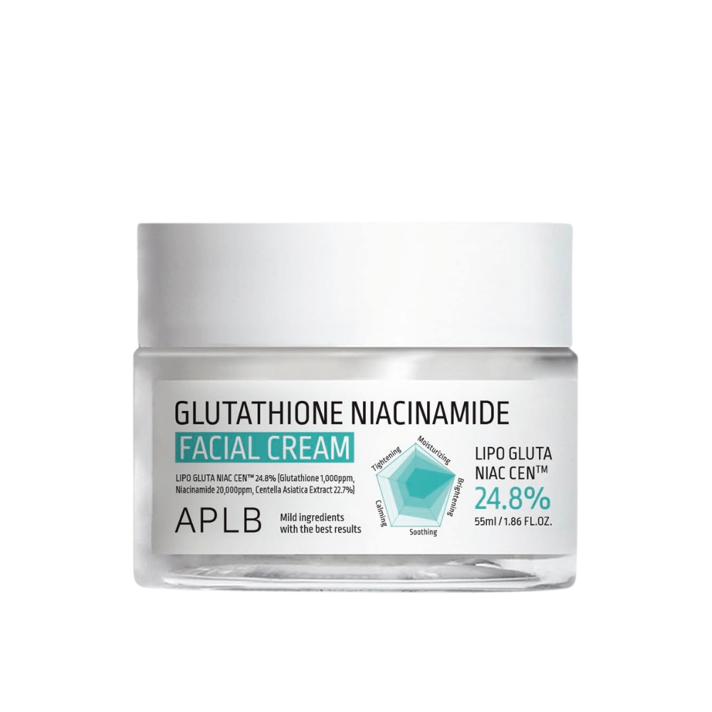 APLB Glutathione Niacinamide Facial Cream in vasetto con formula leggera che idrata, uniforma il tono della pelle e dona maggiore luminosità