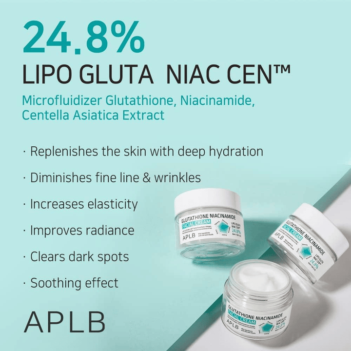 APLB Glutathione Niacinamide Facial Cream 24,8% Lipo Gluta Niac Cent con idratazione profonda, effetto anti-età e miglioramento del tono della pelle