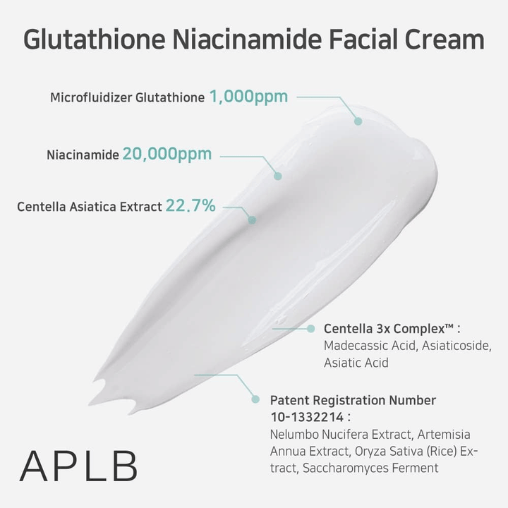 APLB Glutathione Niacinamide Facial Cream con 1000ppm di glutatione, 20000ppm di niacinamide e 22,7% di centella asiatica per idratazione ed effetto lenitivo