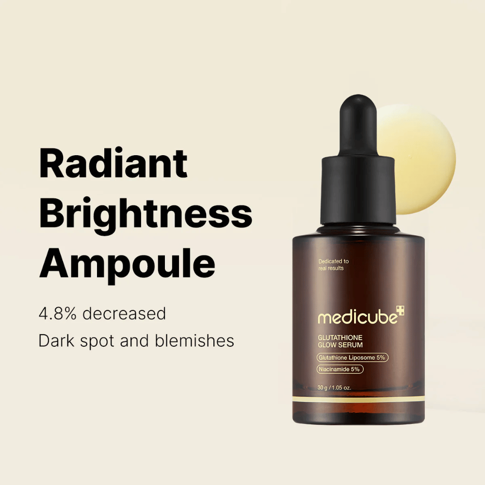 Medicube Radiant Brightness Ampoule – Glutathione Glow Serum con il 5% di liposomi di glutatione e il 5% di niacinamide. Riduce le macchie scure e il tono della pelle irregolare per una luminosità radiosa.