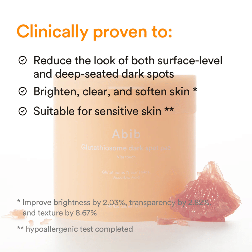Abib Glutathiosome Dark Spot Pad Vita Touch con benefici clinicamente testati per luminosità e pigmentazione.