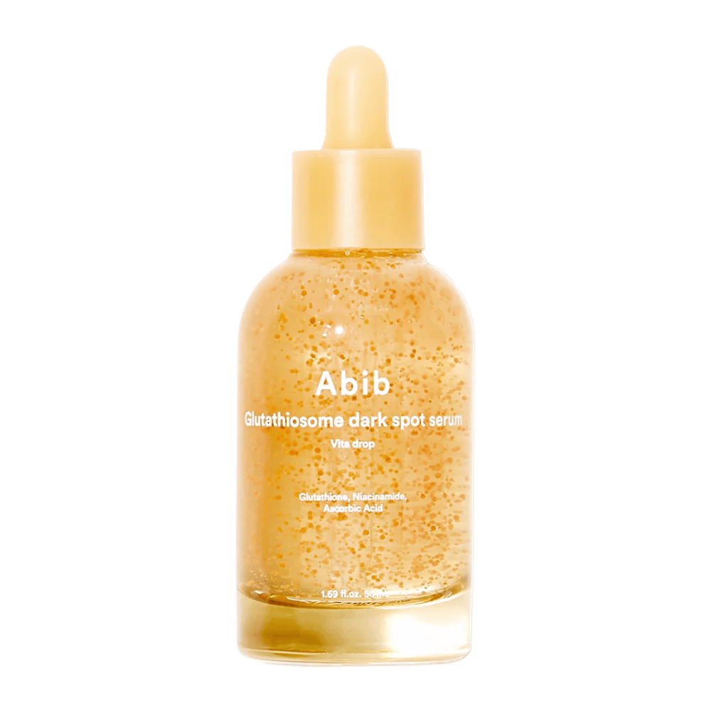 Immagine del prodotto di Abib Glutathiosome Dark Spot Serum Vita Drop in una bottiglia di vetro trasparente con pipetta gialla e microcapsule visibili nel siero.