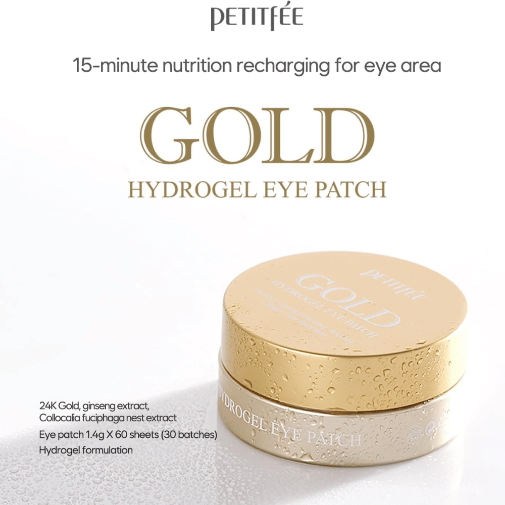 Elegante immagine prodotto di PETITFEE Gold Hydrogel Eye Patch con confezione color oro su sfondo chiaro. Il testo mette in evidenza ingredienti come oro 24K, ginseng e formula in idrogel per idratazione e luminosità.
