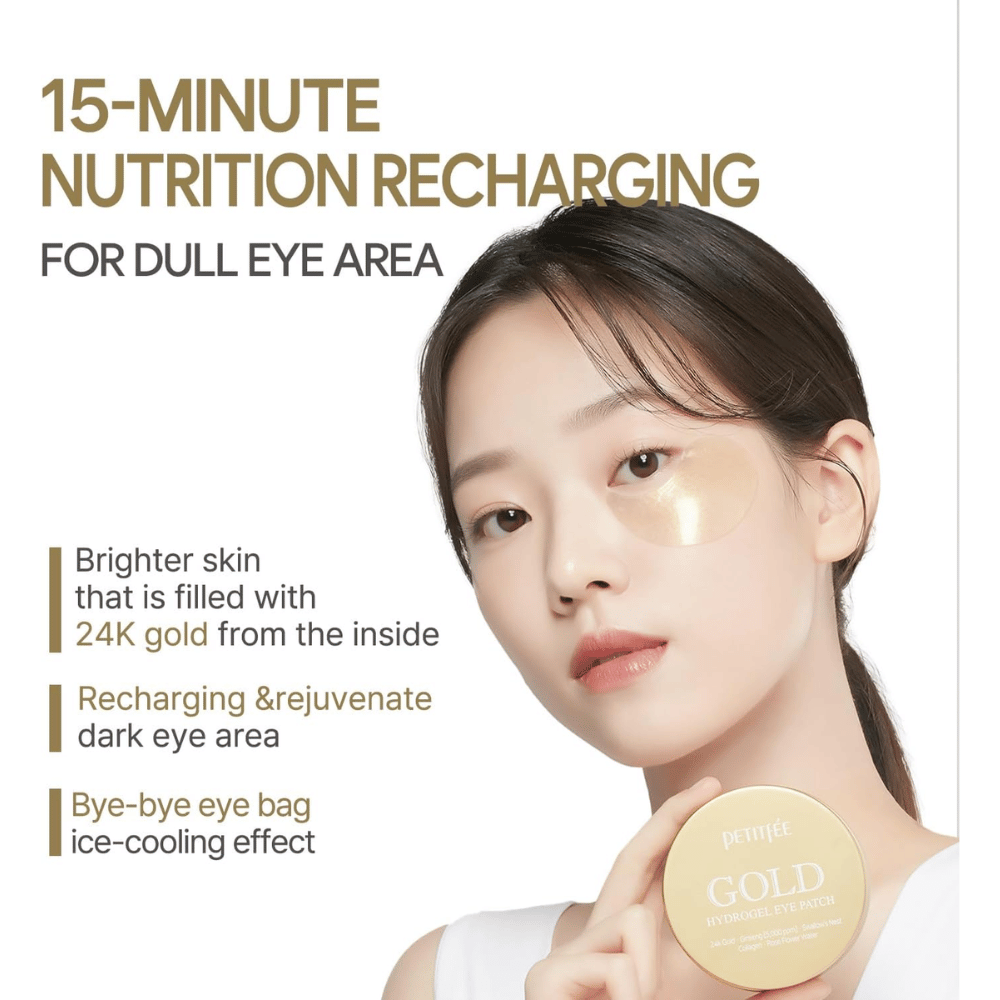 Immagine promozionale con modella che utilizza PETITFEE Gold Hydrogel Eye Patch sotto l’occhio. L’attenzione è rivolta a donare luminosità, rivitalizzare la pelle stanca e ridurre la visibilità di occhiaie e gonfiore.