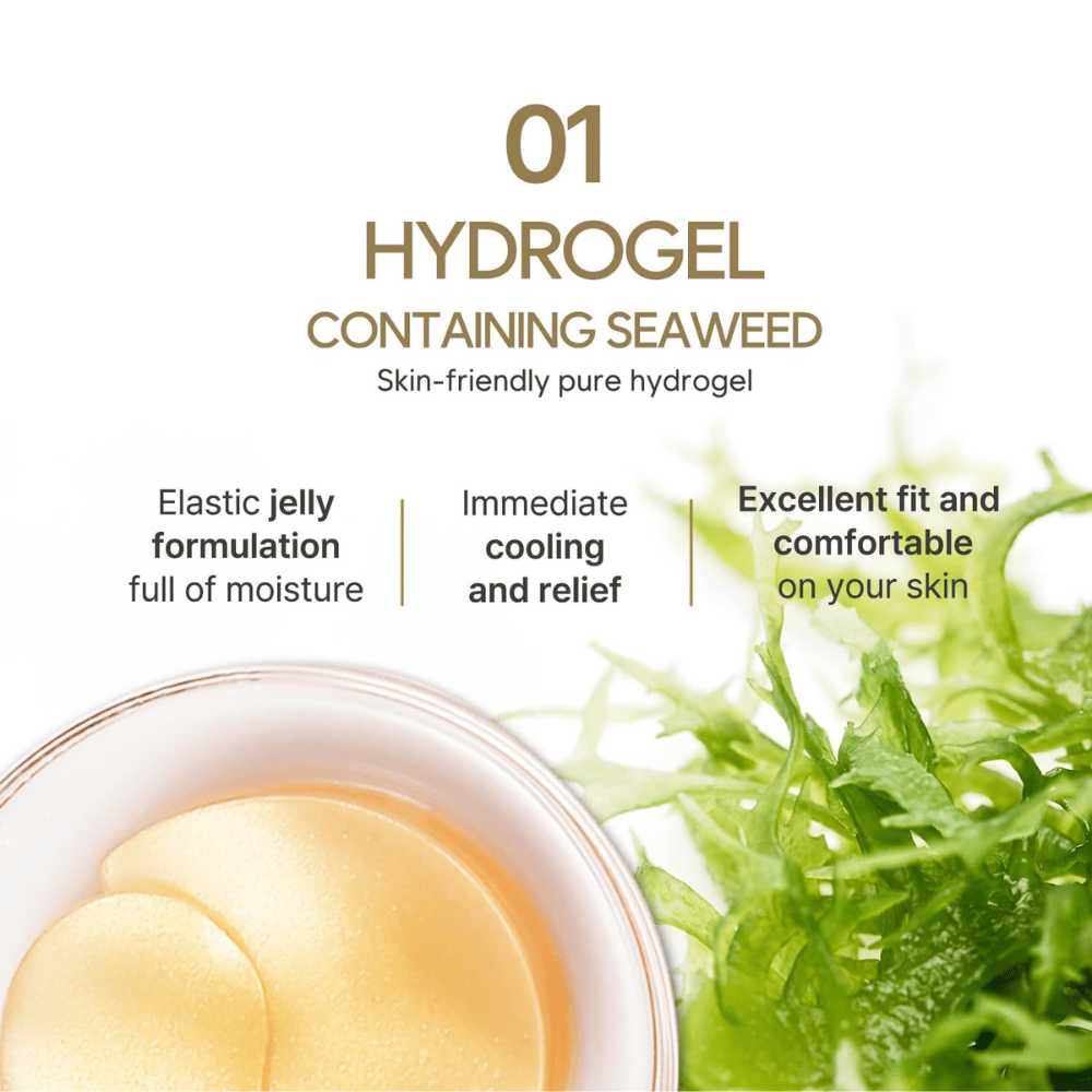 Immagine prodotto che mette in risalto la formula in idrogel con alghe marine e le sue proprietà idratanti, rinfrescanti e delicate sulla pelle. L’immagine mostra anche gli eye patch a base di gel all’interno della confezione.