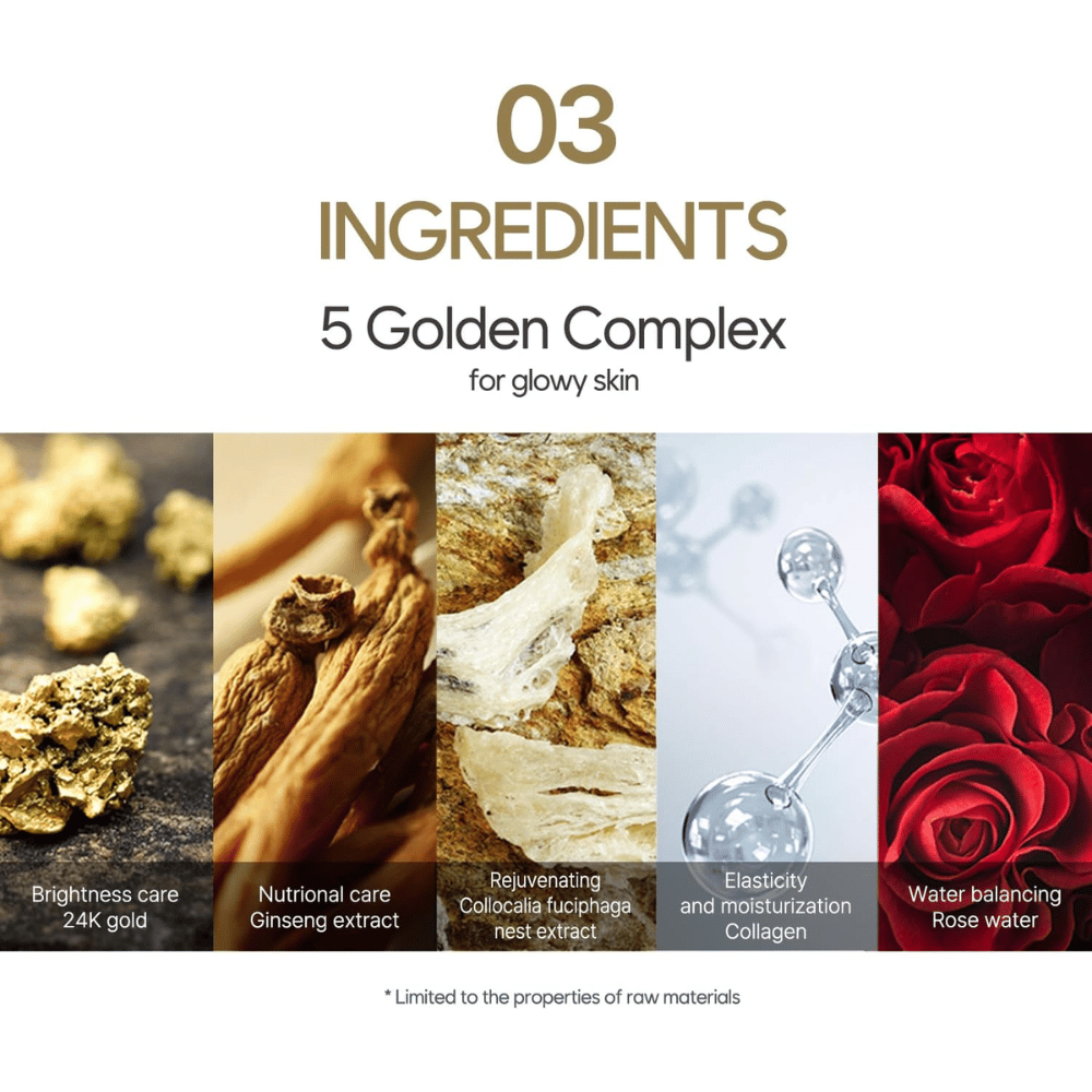 Immagine informativa sul “5 Golden Complex” con ingredienti come oro 24K, estratto di ginseng, estratto di nido d’uccello, collagene e acqua di rose. L’attenzione è posta su luminosità, elasticità e idratazione.